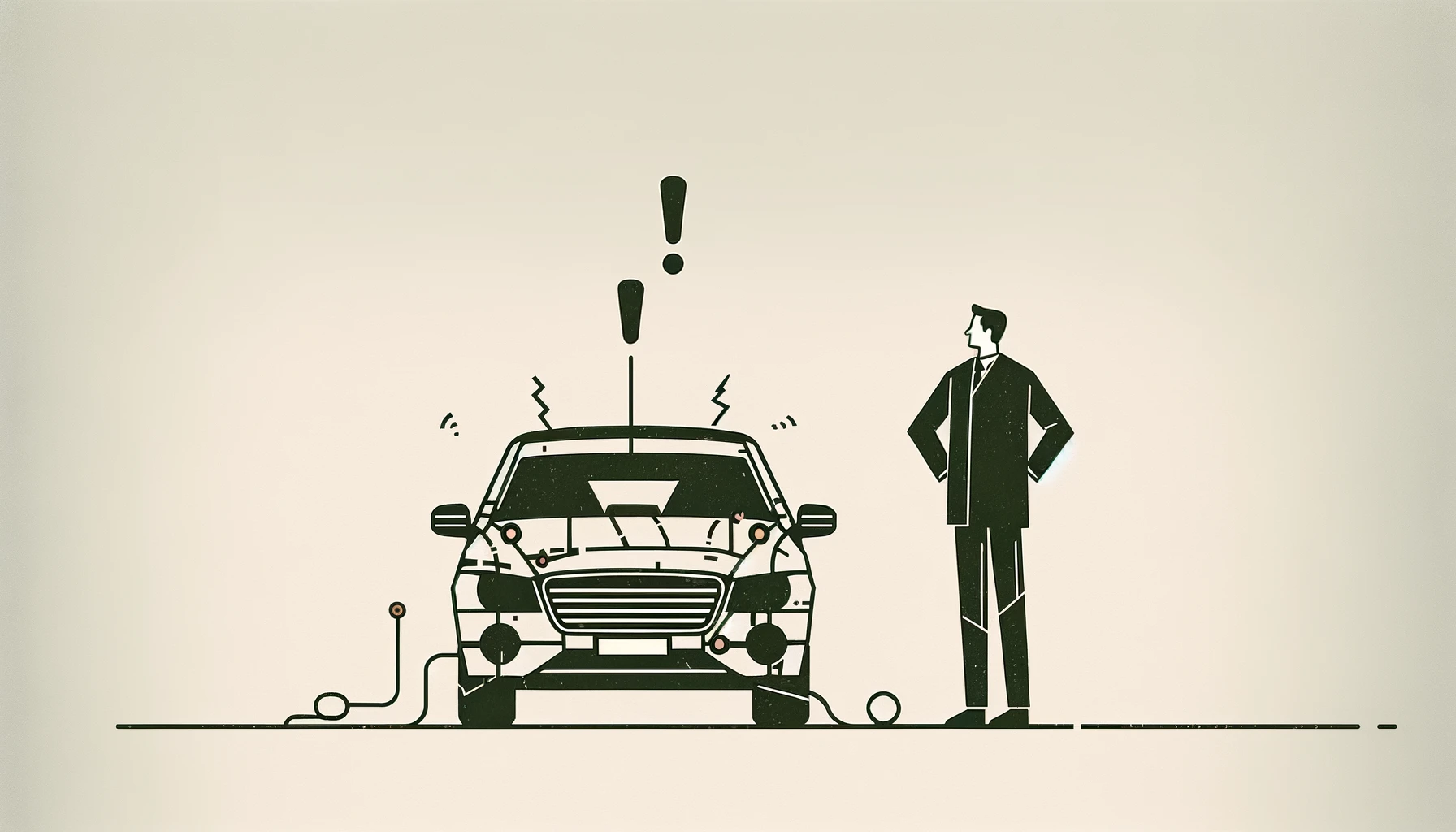 Worried consumer observing a malfunctioning electric car in minimalist style.