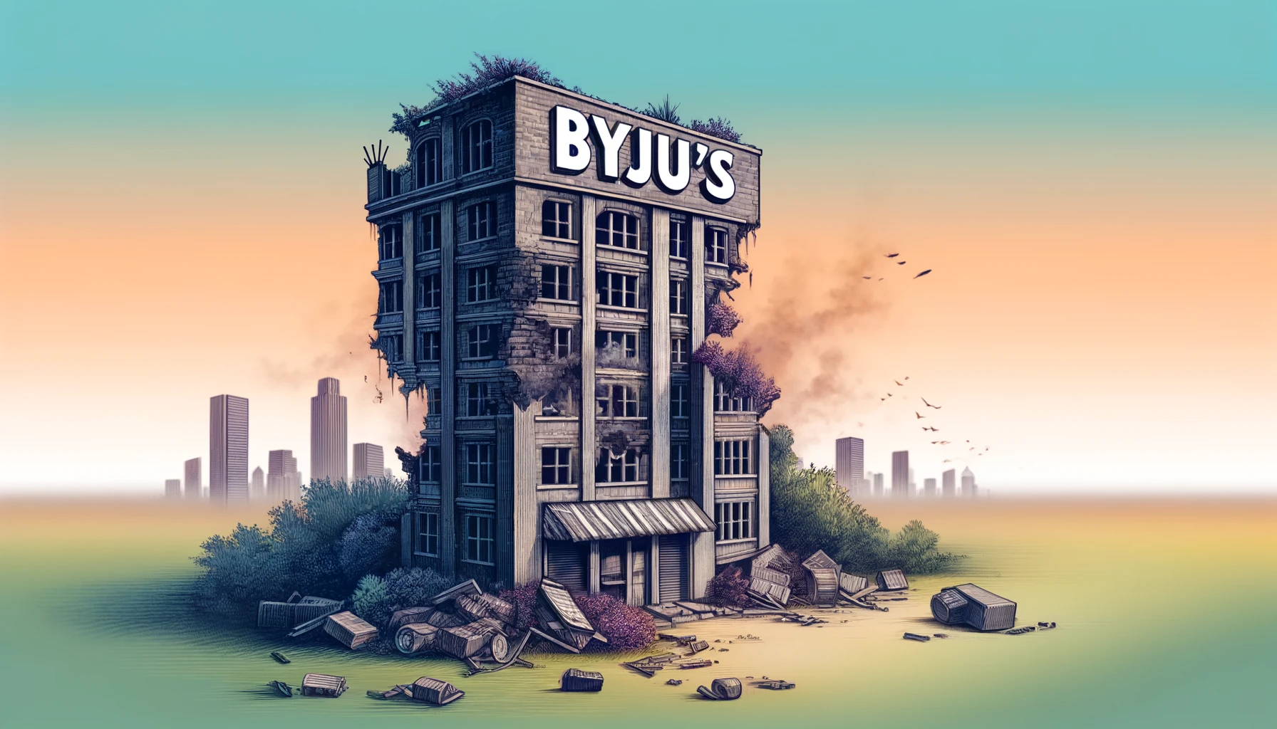Crumbling building labeled Byju's illustration.