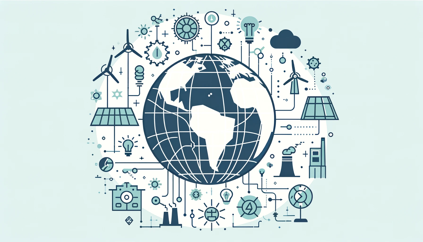 Minimalist graphic of a global network with energy icons representing international expansion