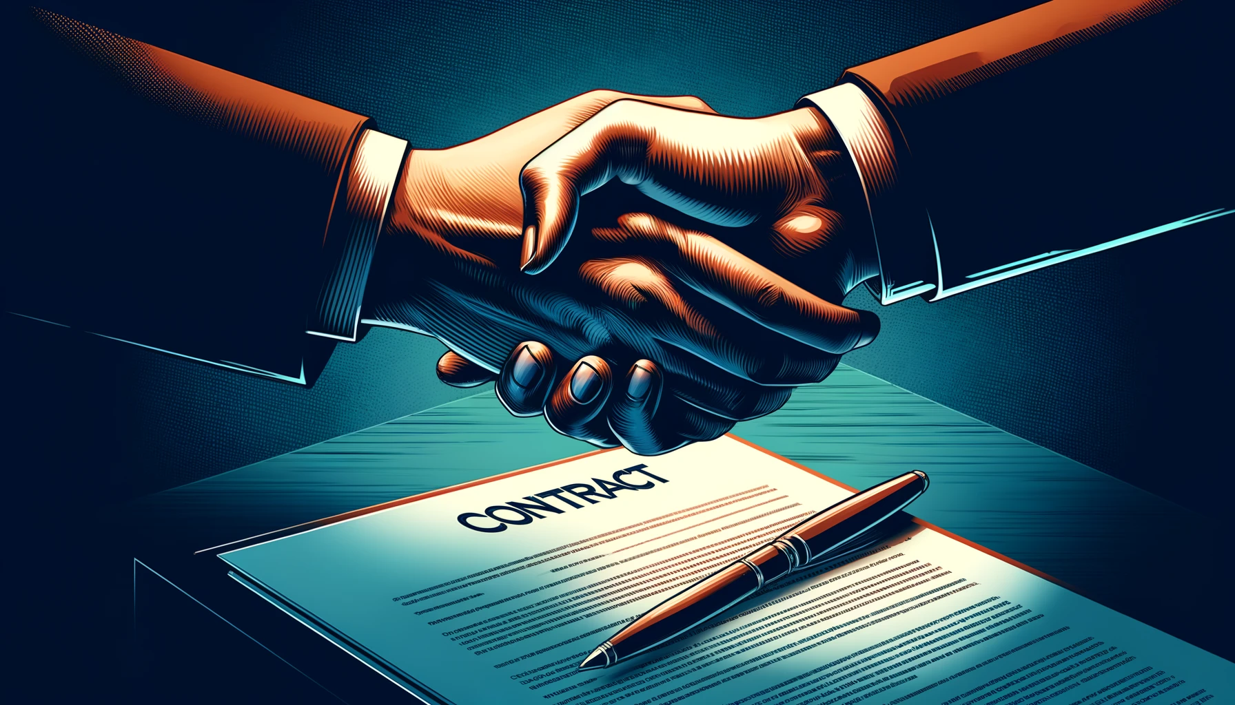 Stylized semi-realistic illustration of a handshake over a contract symbolizing investment.