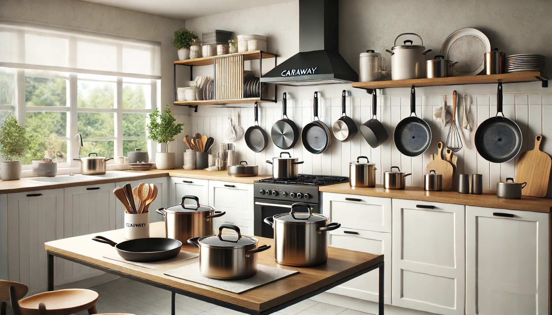 Modern kitchen with Caraway cookware sets in stylish designs.