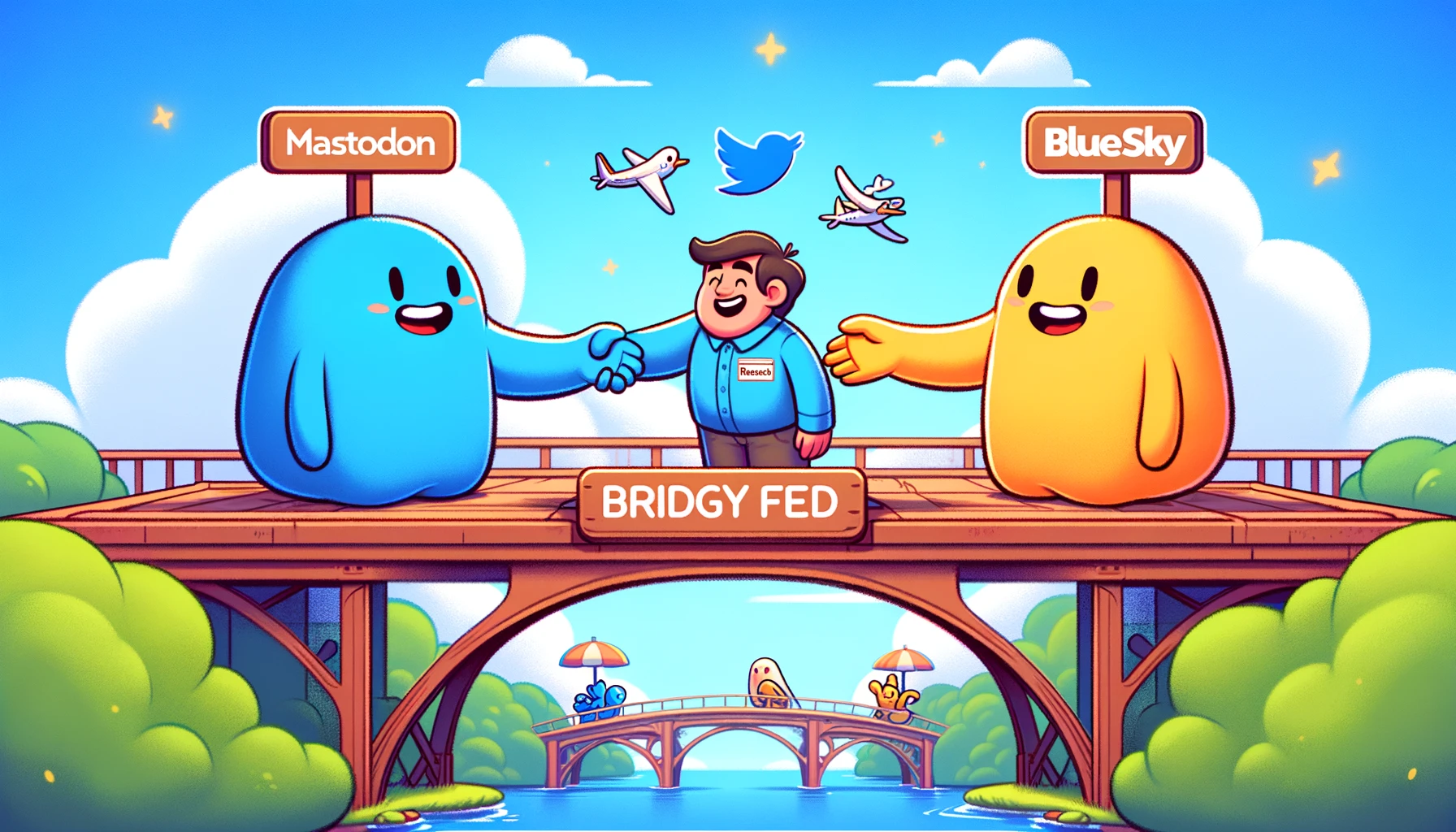 Cartoon-style depiction of seamless interaction between Mastodon and Bluesky through Bridgy Fed.