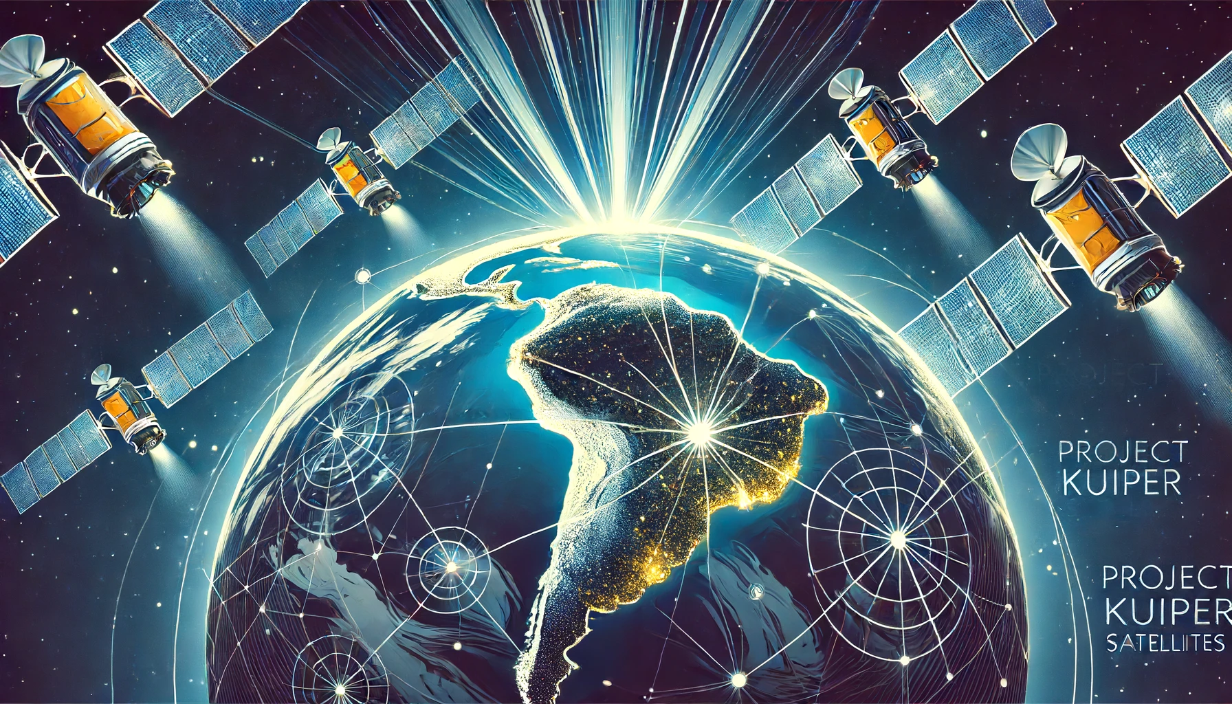 llustration of Project Kuiper satellites orbiting Earth, focusing on South America with beams of light representing enhanced internet connectivity.