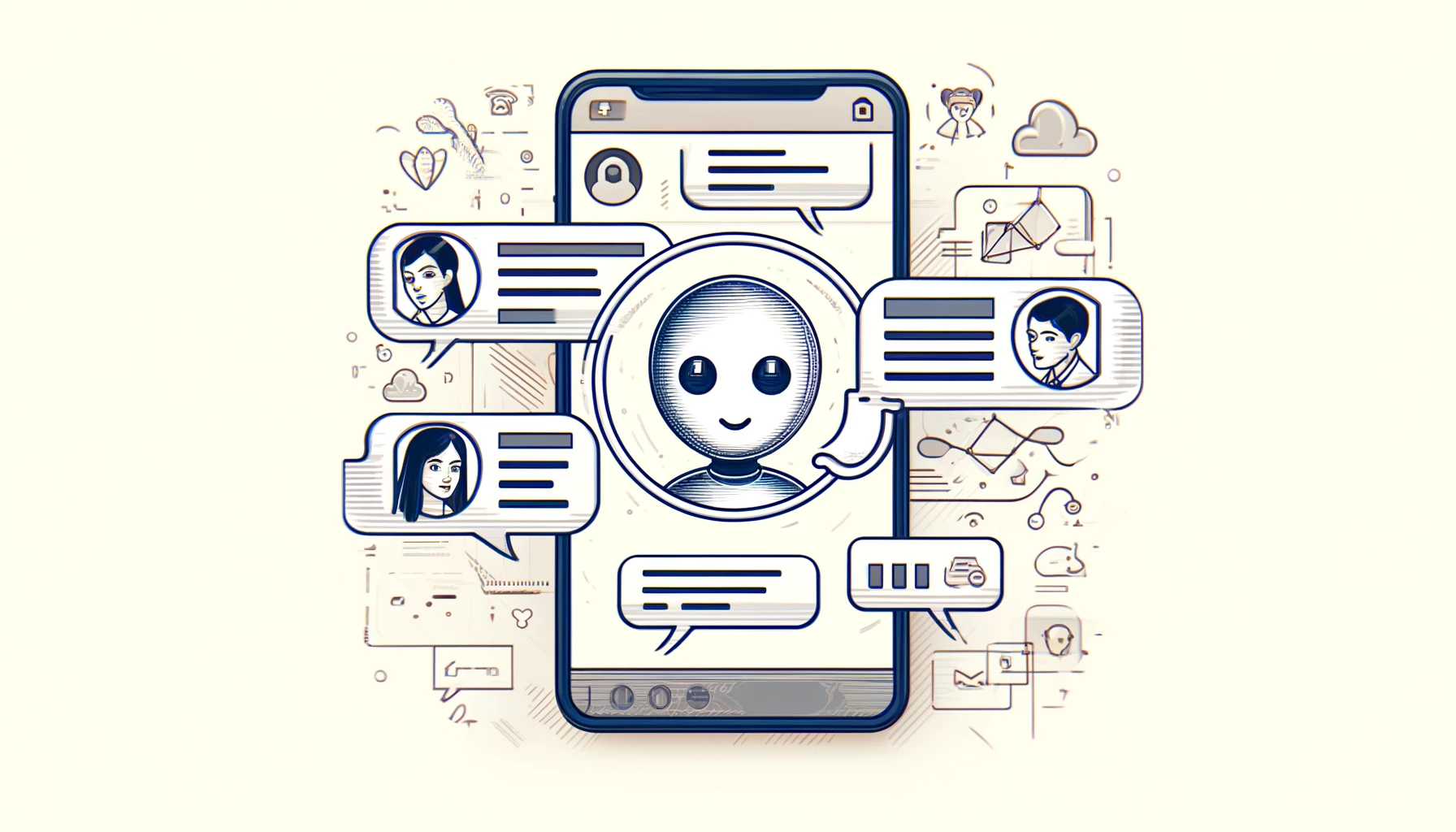 Sketch-style depiction of AI-generated Bitmoji in a messaging app in minimalist style