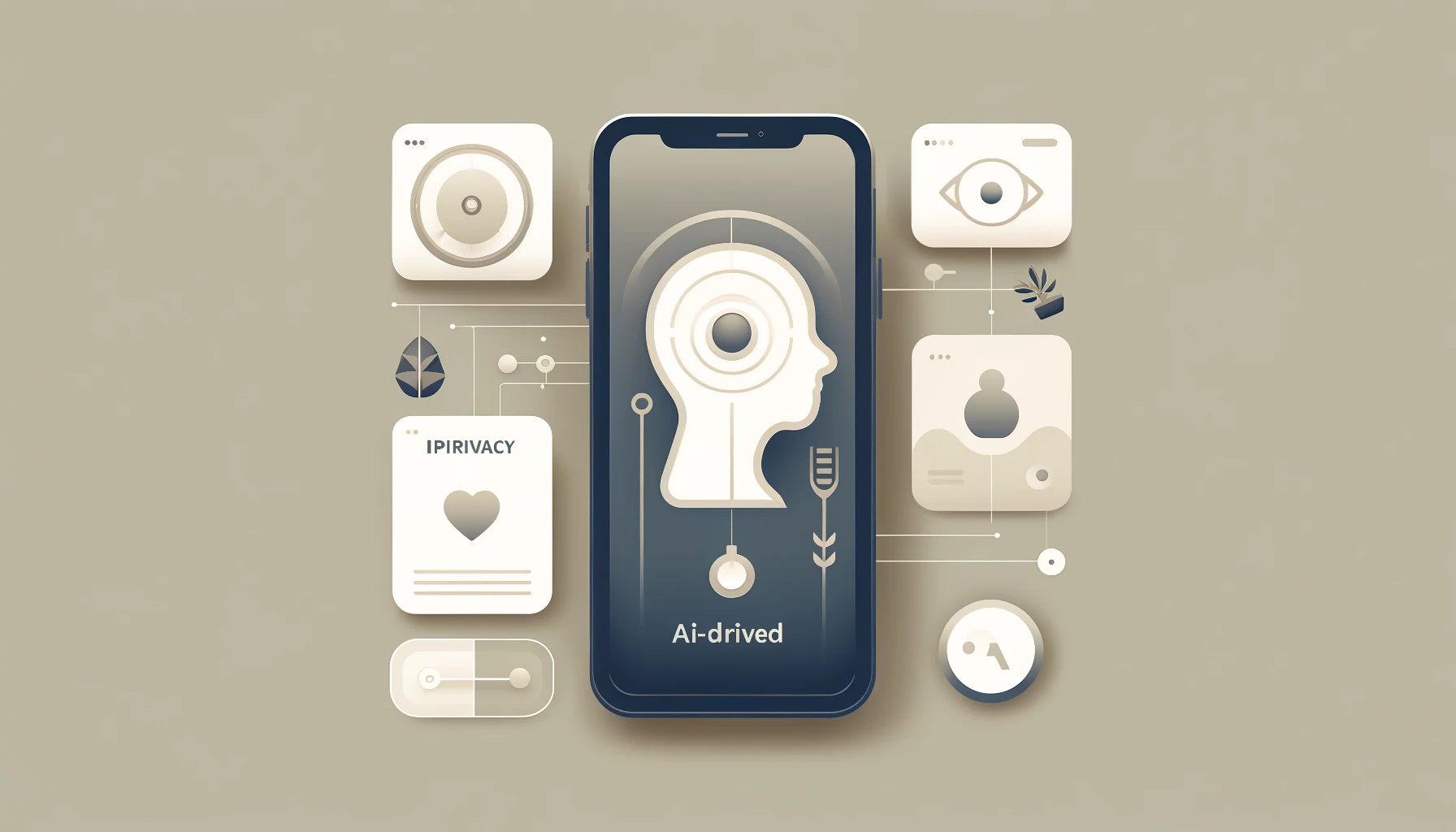 Minimalist design showcasing AI-driven features on Apple devices, emphasizing privacy and usability.