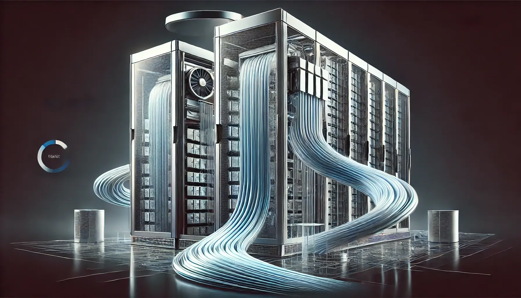 Stylized image of a futuristic data center with cooling systems and water flow