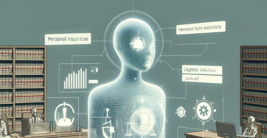 Futuristic courtroom with AI holographically organizing personal injury case documents