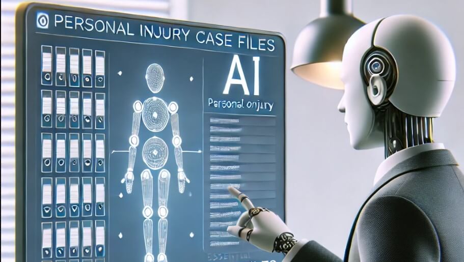 Lawyer using AI technology to review organized personal injury case files on a modern computer setup.