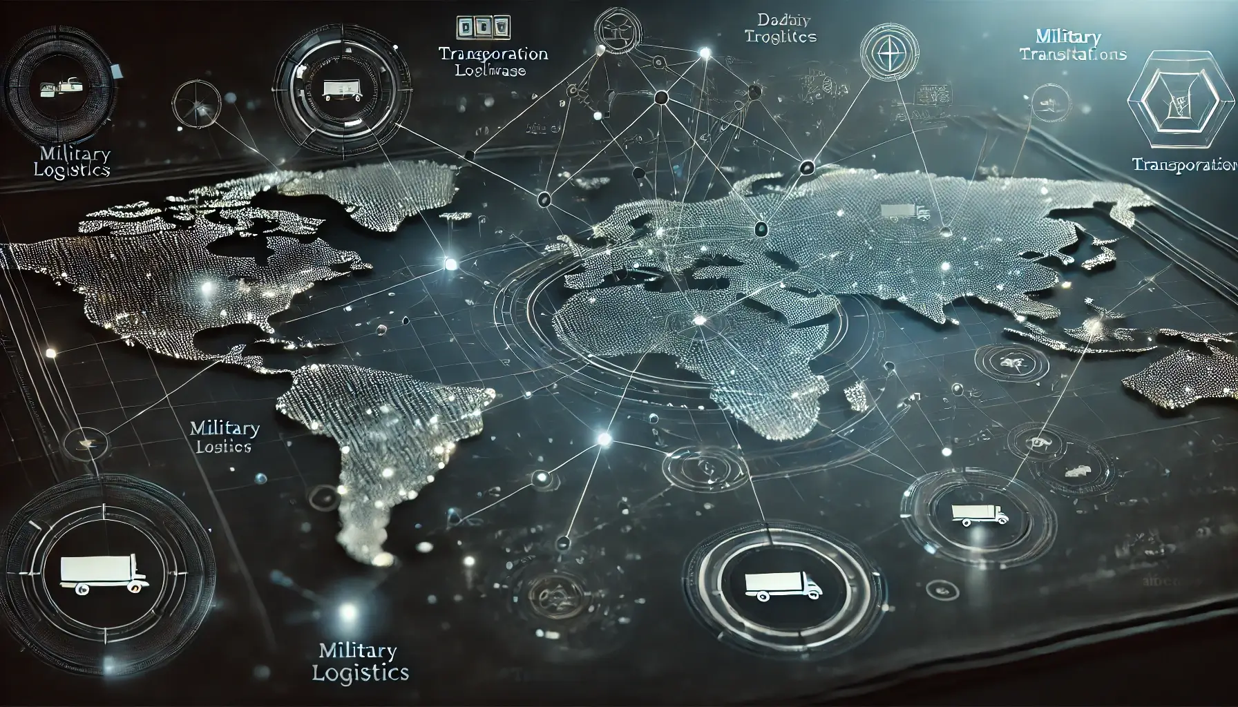 Stylized map interface with logistics simulations for military transport routes