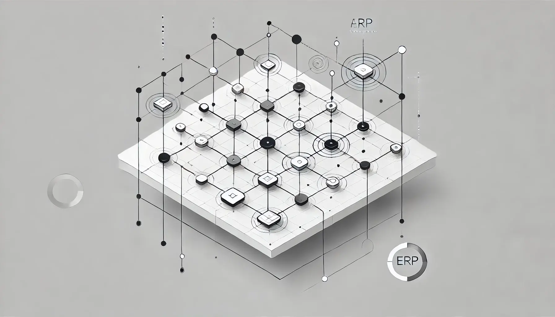 A minimalist grid showcasing interconnected ERP components with AI testing