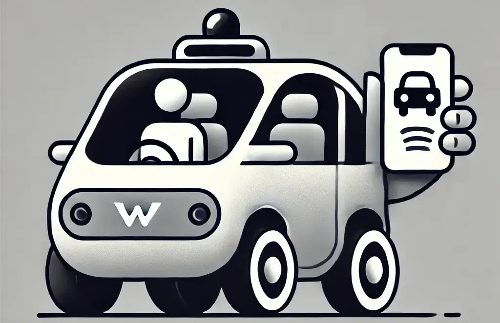 Minimalistic Stylized image of a Waymo robotaxi with a teenager inside, monitored by a parent via app