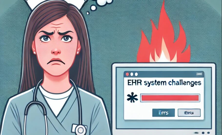 Illustration of a nurse frustrated with an EHR system, symbolizing the link between EHR challenges and burnout.